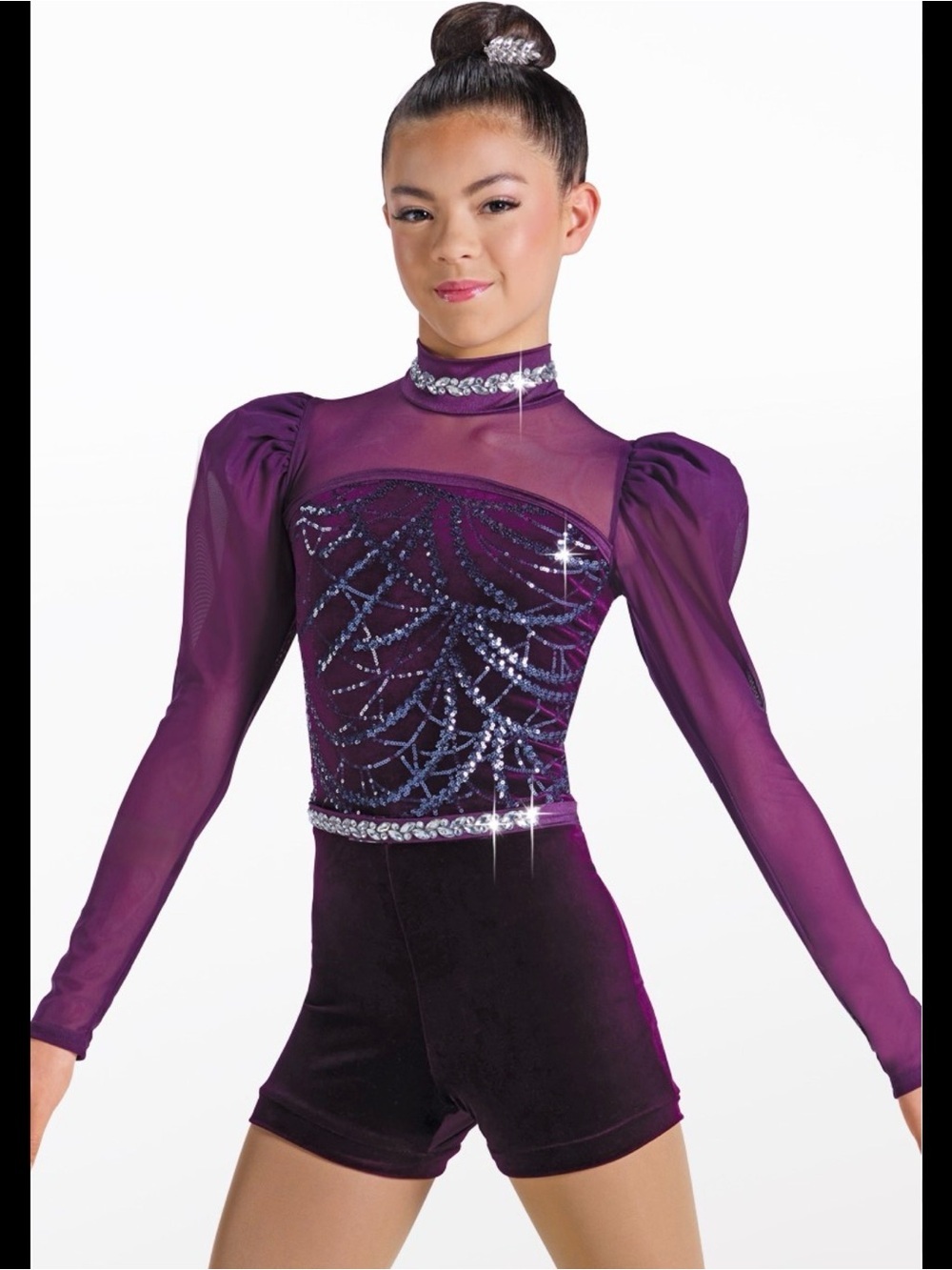 Weissman Purple showtime metallic Velvet biketard and Mesh Performance Bodysuit